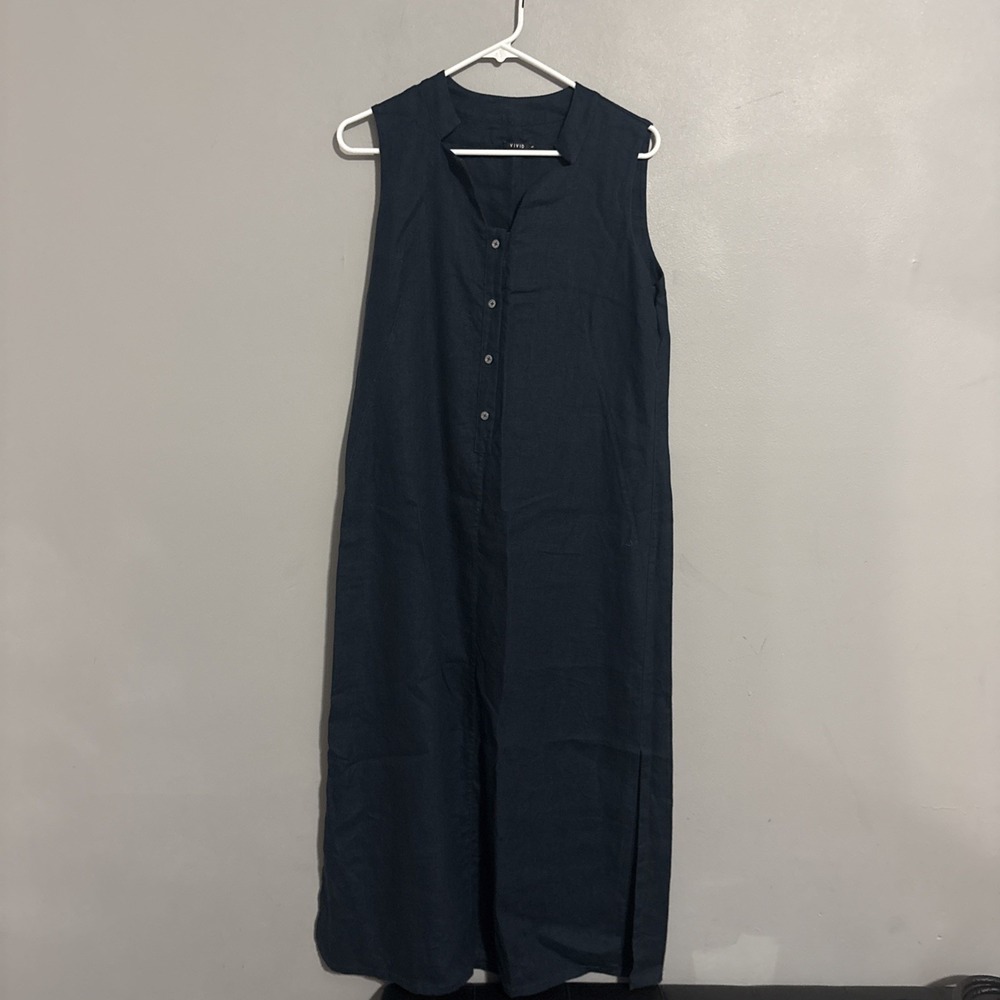 Vivid Shirt Dress Small Navy Blue 100% Linen Button Front Lightweight Side Slits